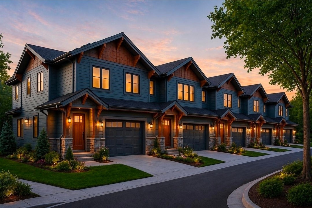 Executive-style workforce housing townhomes at dusk