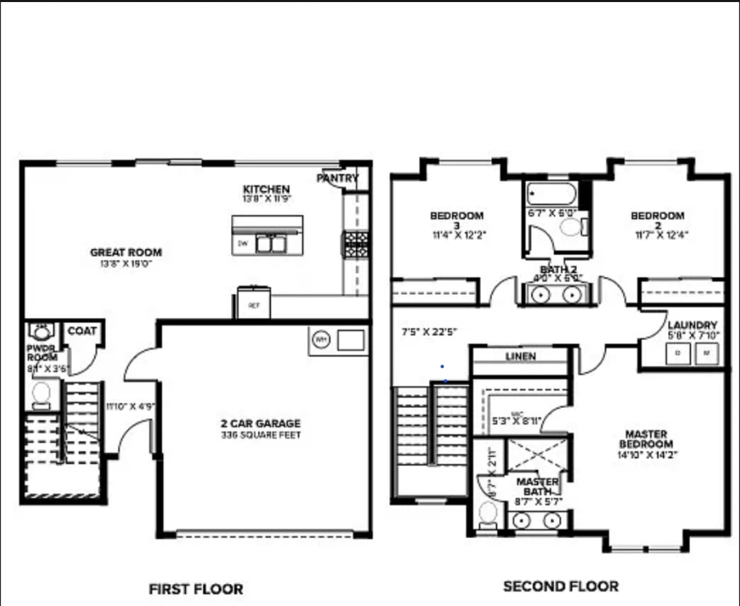 Executive housing floor plan — 3 bed, 2.5 bath, 2-car garage